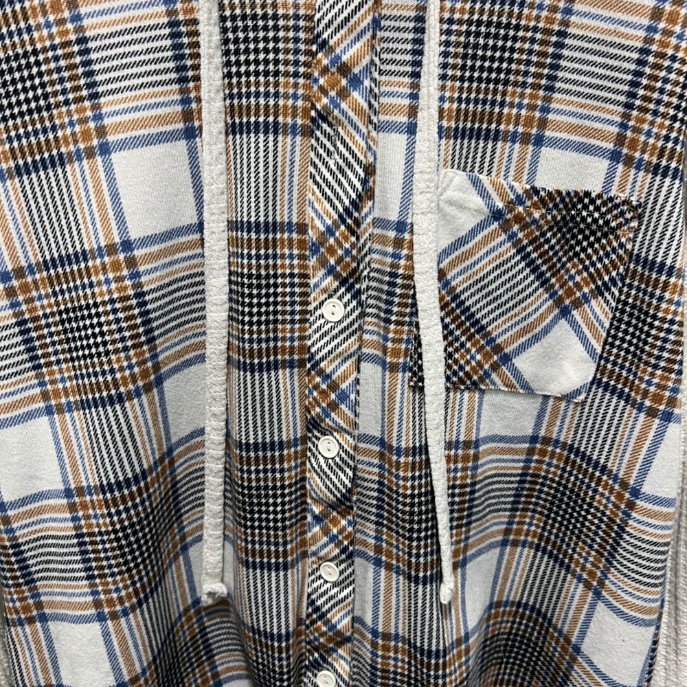 Daytrip Womens Plaid Hooded Button Up Waffle Knit Sleeve Shirt Blue Brown Size M - Picture 2 of 10